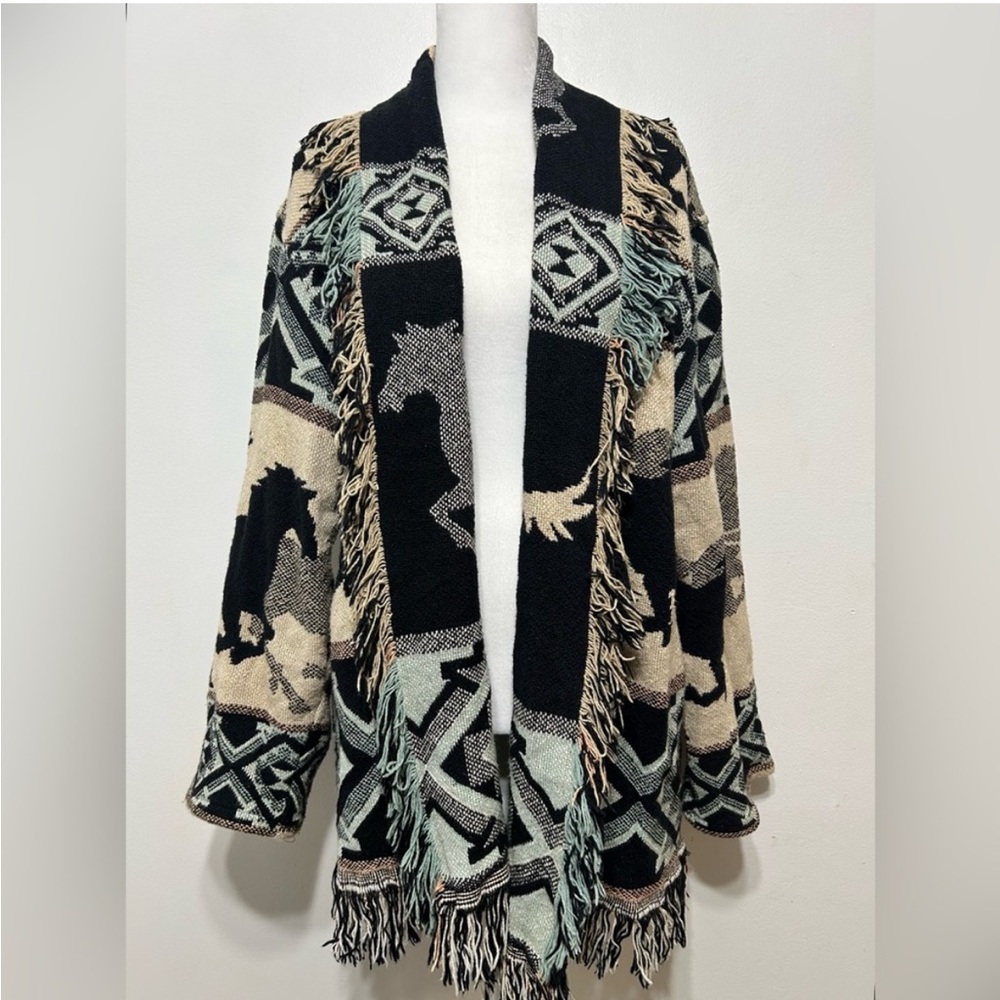 Vintage Western Tapestry Aztec Horse Fringe Blanket Cardigan Sweater Jacket OS